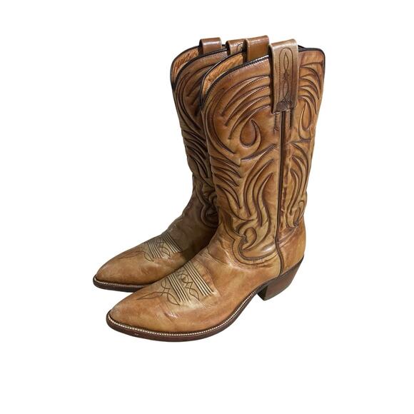 VTG Dan Post Brown Leather Cowboy Western Rancher Mens Boots Made In Spain 11B